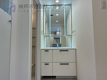 収納も兼ね備えた三面鏡付きの洗面化粧台で、朝の身支度もスムーズ!