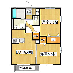 ブバルディアE棟 1階2LDKの間取り