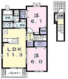 JR高徳線 三本松駅 徒歩26分の賃貸アパート 2階2LDKの間取り