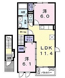 JR予讃線 八十場駅 5.7kmの賃貸アパート 2階2LDKの間取り