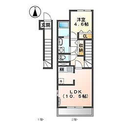 ソレイユ元山町I 2階1LDKの間取り