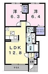 JR予讃線 鬼無駅 3.4kmの賃貸アパート 1階2LDKの間取り