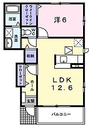 JR予讃線 鬼無駅 3.1kmの賃貸アパート 1階1LDKの間取り