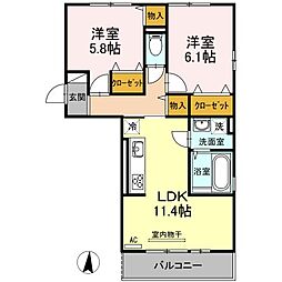 JR瀬戸大橋線 坂出駅 徒歩29分の賃貸アパート 1階2LDKの間取り