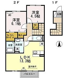 高松琴平電気鉄道長尾線 長尾駅 徒歩10分の賃貸アパート 2階2LDKの間取り