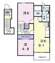JR土讃線 善通寺駅 4.1kmの賃貸アパート 2階2DKの間取り