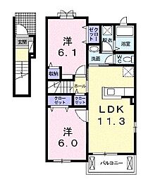 JR土讃線 善通寺駅 3.9kmの賃貸アパート 2階2LDKの間取り