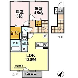JR予讃線 宇多津駅 4kmの賃貸アパート 2階2LDKの間取り
