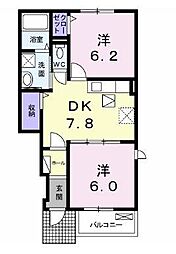 JR予讃線 みの駅 徒歩20分の賃貸アパート 1階2DKの間取り