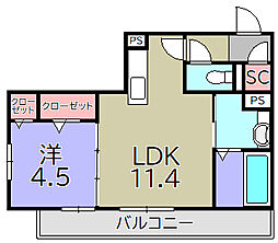シャルール 1階1LDKの間取り