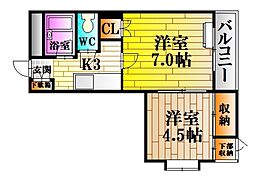 JR可部線 可部駅 徒歩8分の賃貸マンション 4階2Kの間取り