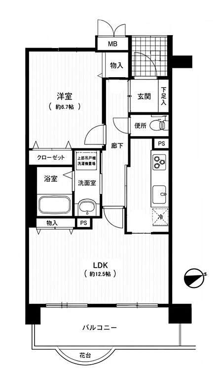 1LDK、価格2680万円、専有面積47.92m2、バルコニー面積9.74m2