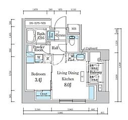 デュオフラッツ浅草蔵前 9階1LDKの間取り