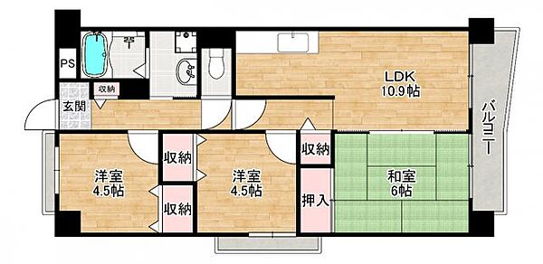 サンプラザ湯里南 ｜大阪府大阪市東住吉区住道矢田6丁目(賃貸マンション3LDK・2階・62.48㎡)の写真 その2