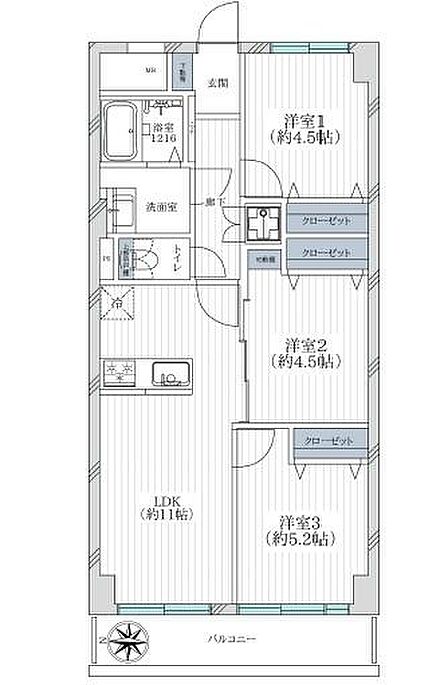 3LDK、専有面積59平米、バルコニー面積確認中