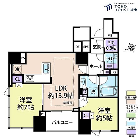 2LDK、専有面積61.01平米、バルコニー面積4.98平米