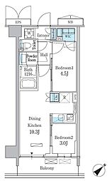 パークアクシス品川南大井パークフロント 7階2LDKの間取り