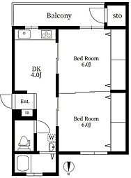 白金今里アパート1号館 2DKの間取図画像