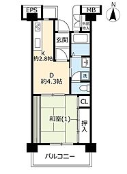 UR都市機構グリーンタウン小金井8号棟 1DKの間取図画像