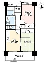 UR都市機構サンヴァリエ桜堤23号棟 2DKの間取図画像