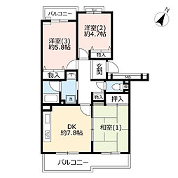 UR都市機構ヴェルディールみなみ野西4号棟 3DKの間取図画像