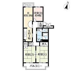 UR都市機構霧が丘グリーンタウン22-2号棟 3DKの間取図画像