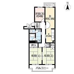 UR都市機構霧が丘グリーンタウン22-2号棟 3DKの間取図画像