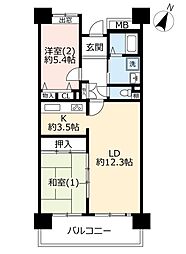 UR都市機構ビューコート小港9号棟 2LDKの間取図画像