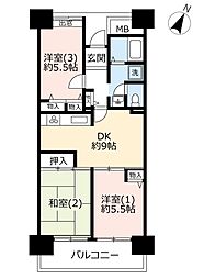 UR都市機構ビューコート小港9号棟 3DKの間取図画像