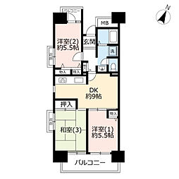 UR都市機構ビューコート小港9号棟 3DKの間取図画像