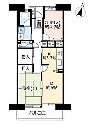 UR都市機構プロムナード矢部3号棟 2DKの間取図画像