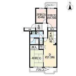 UR都市機構霧が丘グリーンタウン22-2号棟 3DKの間取図画像
