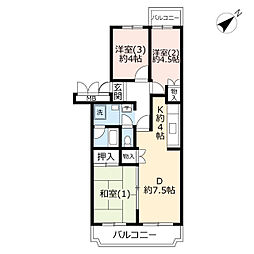 UR都市機構霧が丘グリーンタウン22-2号棟 3DKの間取図画像