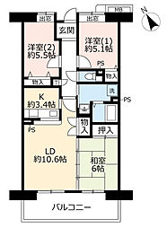 UR都市機構アーバンラフレ虹ケ丘南2号棟 3LDKの間取図画像