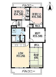 UR都市機構リバピア中央台2号棟 3LDKの間取図画像