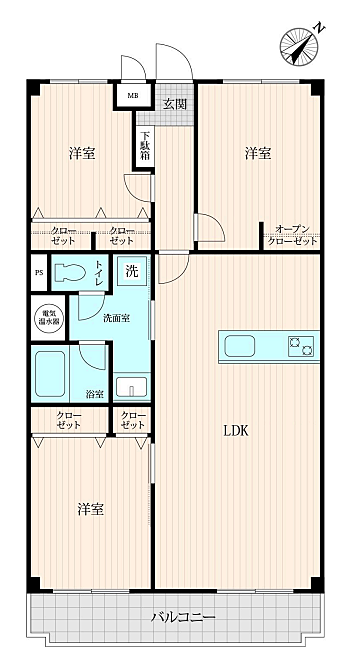 5階建5階部分、陽当り・眺望・通風良好な専有面積73.32平米、3LDKの間取り!
