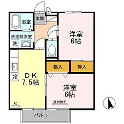 ファミール東琴芝 2階2DKの間取り