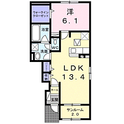 JR宇部線 東新川駅 徒歩21分の賃貸アパート 1階1LDKの間取り