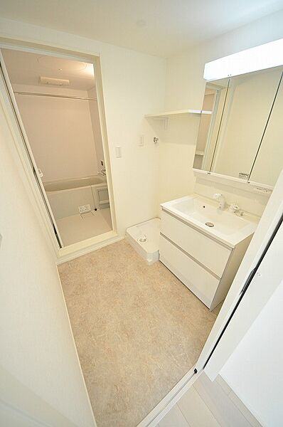 画像8:温水シャワー付洗面化粧台と室内洗濯パン。脱衣所も広々。