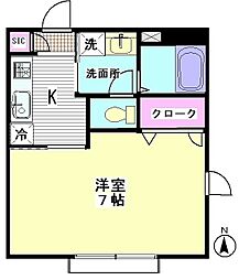 そよごフラッツA棟 2階1Kの間取り