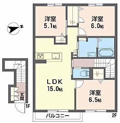 北条鉄道 田原駅 徒歩25分の賃貸アパート 2階3LDKの間取り