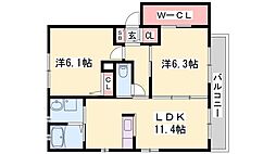 JR姫新線 本竜野駅 徒歩13分の賃貸アパート 2階2LDKの間取り