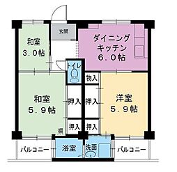 ビレッジハウス書写台4号棟 3DKの間取図画像