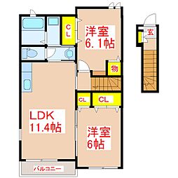 カーサ・パーシモン 2階2LDKの間取り