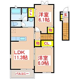 レジデンスアサヒ 2階2LDKの間取り