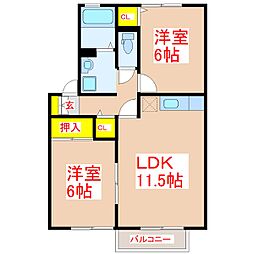 グランドールD棟 2LDKの間取図画像