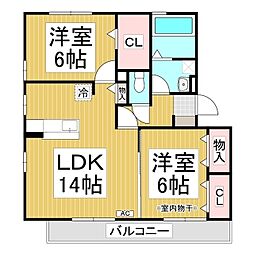 アヴェニューはなみずきB 2階2LDKの間取り