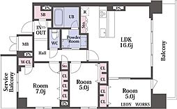 スプランディッド本町東DUE 18階3LDKの間取り