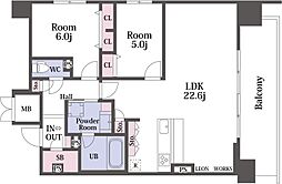 スプランディッド本町東DUE 19階2LDKの間取り