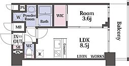 プレサンス九条グランデリーヴ 15階1LDKの間取り